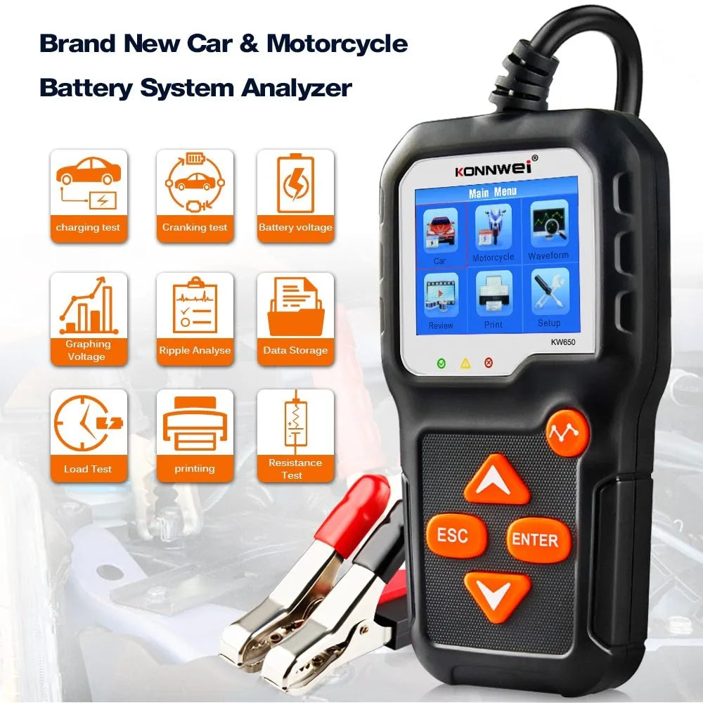 KONNWEI KW650 battery tester with LCD screen and three LED indicators, black casing