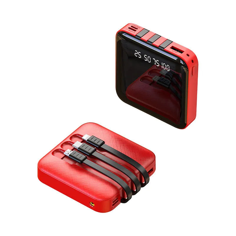 Black or red power bank with built-in charging cable showing 80mm dimensions