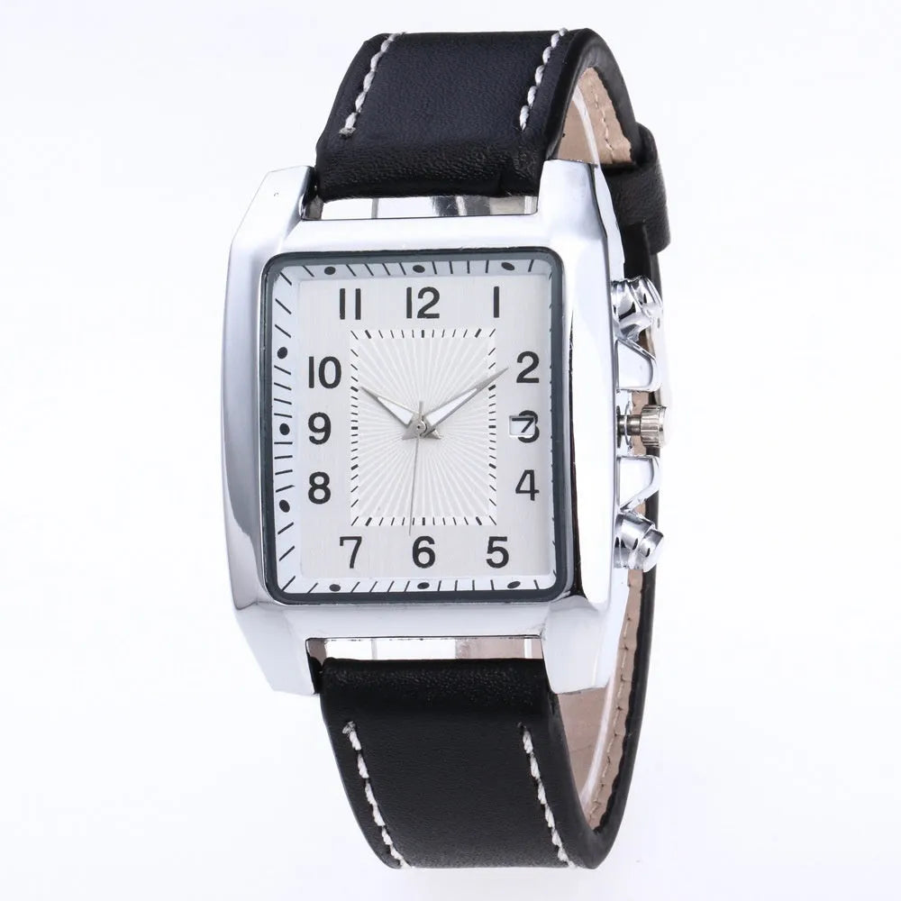 Men's quartz analog watch with metal case, leather band, and easy-to-read face