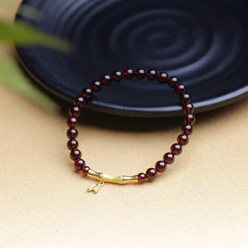 6mm garnet single ring bracelet with adjustable bamboo joint clasp in copper or silver finish