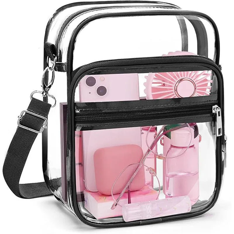 Black PVC cube style crossbody handbag showing dimensions and modern simplicity design.
