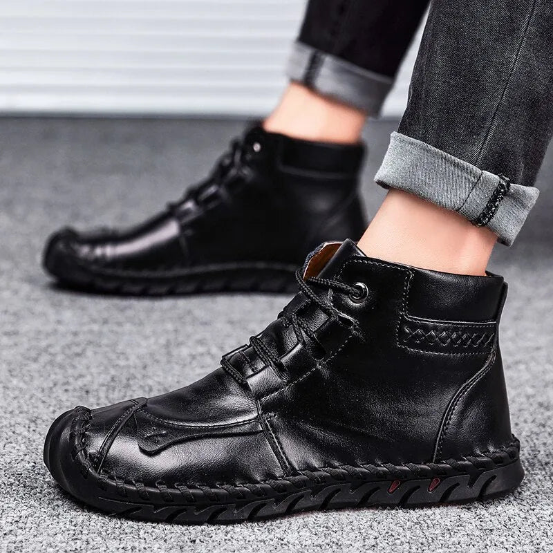 Men's leather Martin boots cow split leather thick rubber sole black colour side view