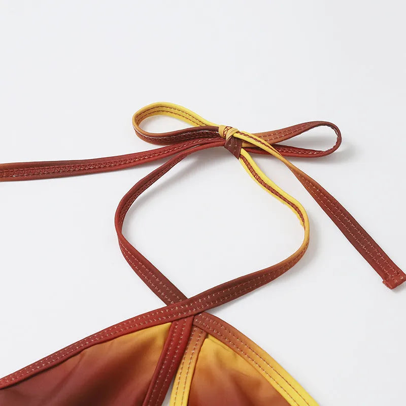 New split pure color slimming bikini swimsuit red gradient backless high elasticity briefs style