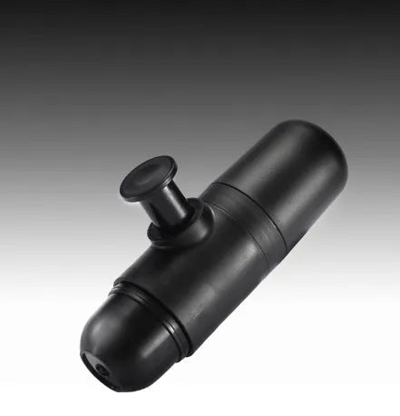 Black portable manual espresso maker showing compact 17.5cm height and 6cm diameter.