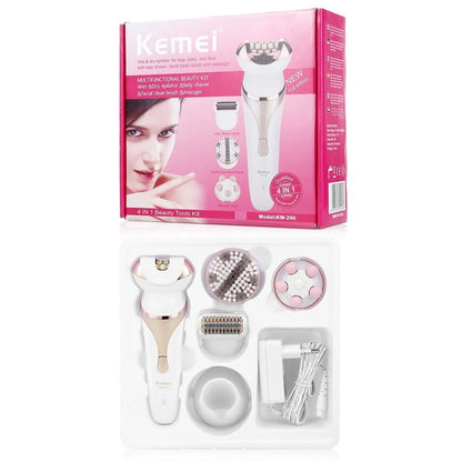 Black 4-in-1 rechargeable electric shaver epilator with four interchangeable heads for hair removal and facial care