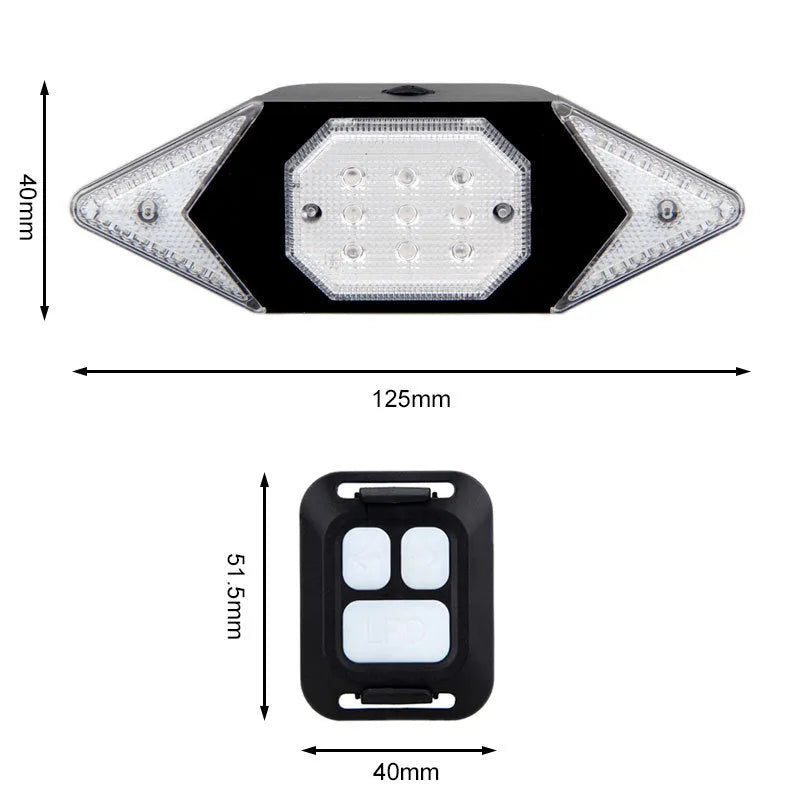 USB rechargeable bicycle turn signal LED light black with remote control mounted on handlebars
