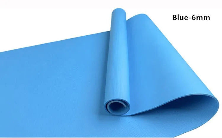 EVA yoga mat in blue showing 6mm thickness and textured anti-skid surface.