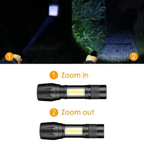 Black aluminium alloy mini telescopic LED flashlight with pocket clip, shown extended and retracted.