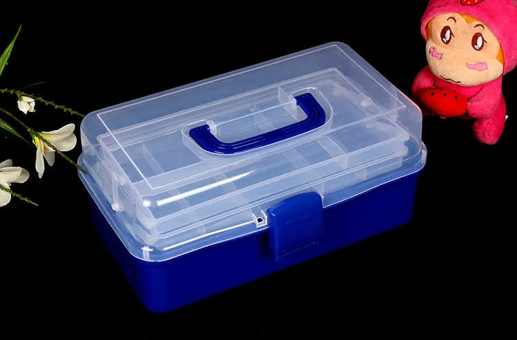 Large 2-layer transparent PP plastic storage box with foldable design, containing medicines and cosmetics
