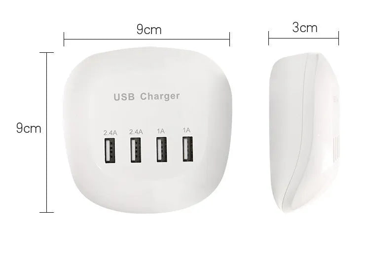 A white USB wall charger with either a two-pin EU plug or a two-pin US plug, showing the USB output port.