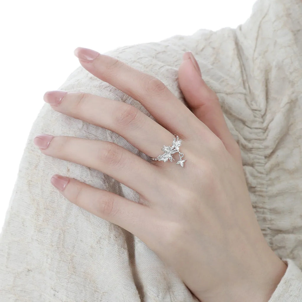 Adjustable silver ring with wild butterfly design in white gold or 18K gold electroplated finish