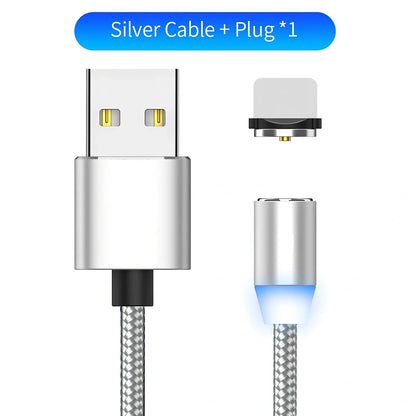 YBD 1m black magnetic LED charging cable with three-in-one plugs for iPhone and Android, showing N52 magnet connection