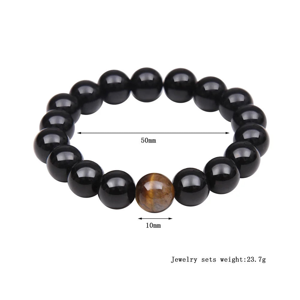 Hand-woven tiger eye stone bracelet in natural colours, showcasing unique texture and geometric design.