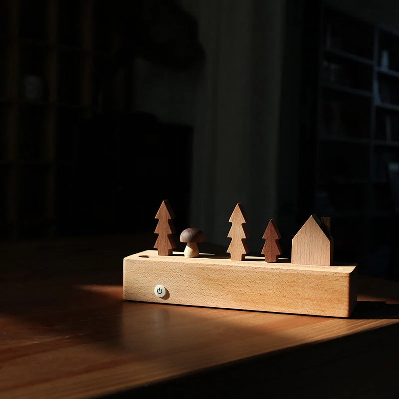Minimalist LED Forest Hut Night Light in wood color with USB power