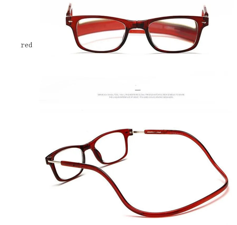 Portable magnetic reading glasses in pure titanium full frame with gray frame and red legs, adjustable neck hang design