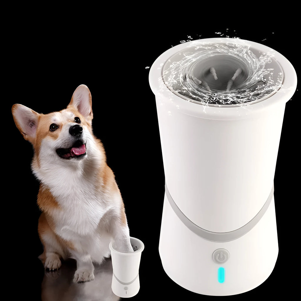 White pet electric foot washer with 11.5cm diameter and 17.5cm height, ABS plastic construction