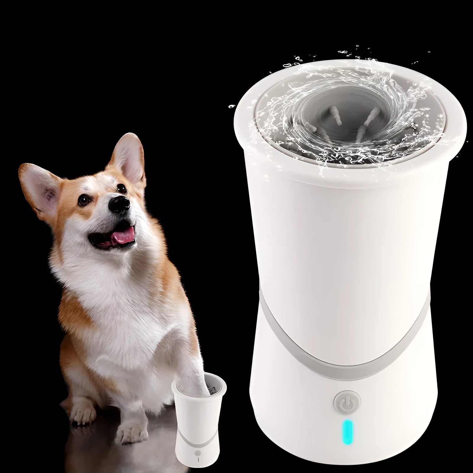 White pet electric foot washer with 11.5cm diameter and 17.5cm height, ABS plastic construction