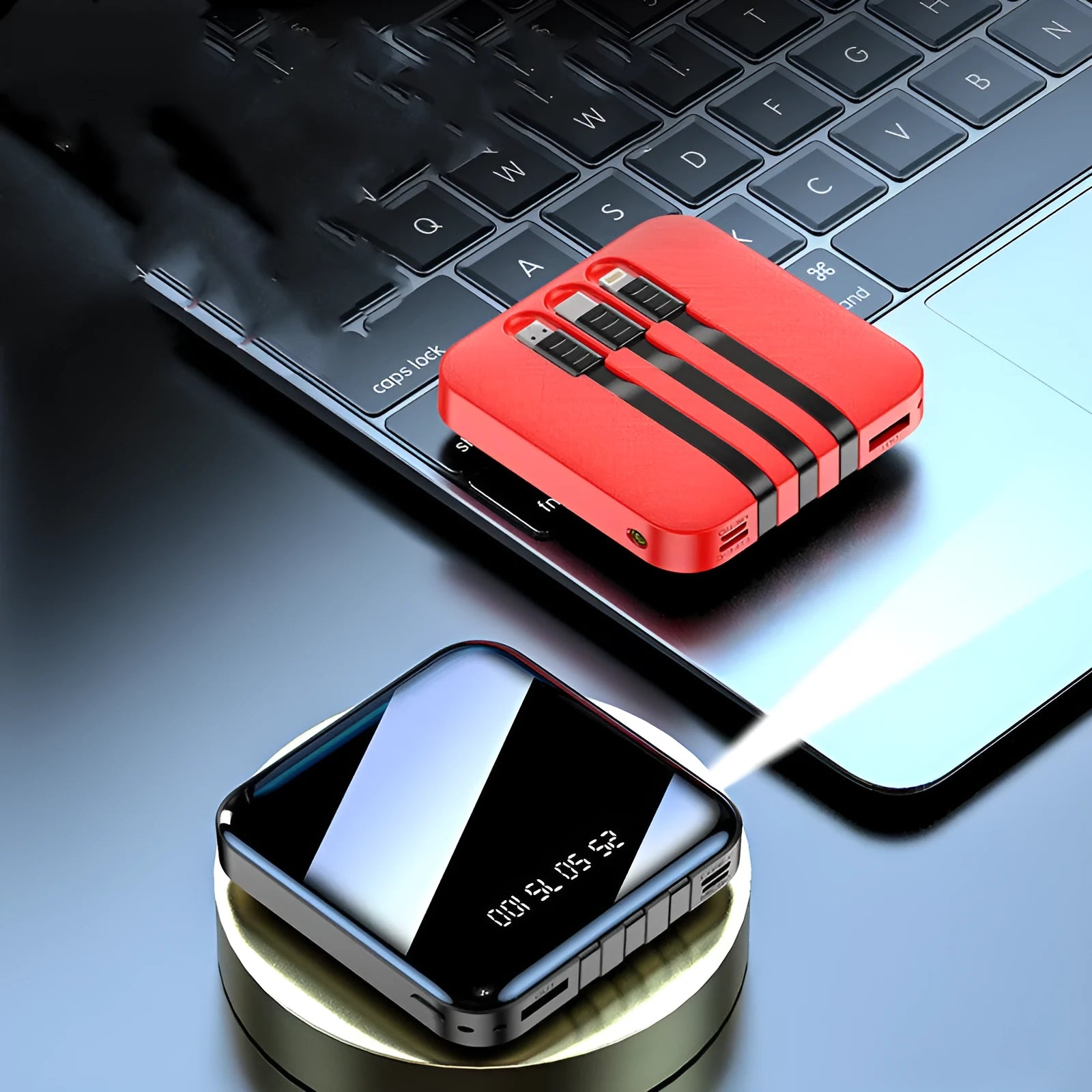 Black or red power bank with built-in charging cable showing 80mm dimensions
