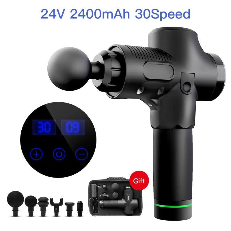 Fascia massage gun with six massage heads, 30-speed control, black colour, rechargeable battery