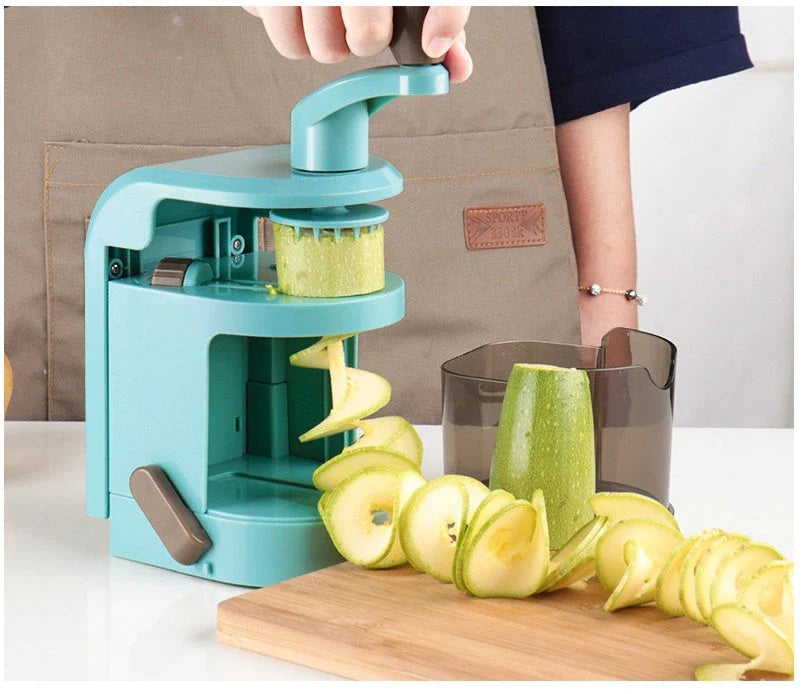 Versatile spiral vegetable slicer with transparent container, main body, cover plate, presser tooth, and handle