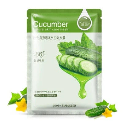 Aloe vera sheet mask on face showing 30g serum content and pre-cut eye and mouth openings