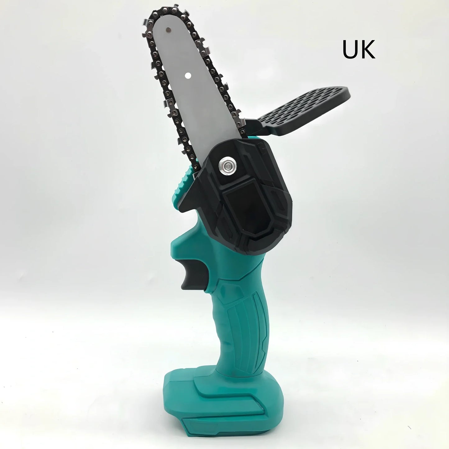 Black 4-inch rechargeable electric chainsaw with steel chain and bare metal body for garden pruning, 1000W power