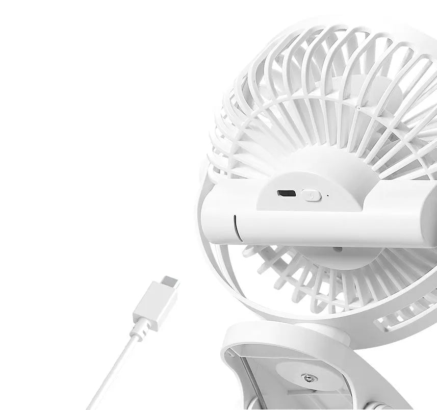 USB clip fan in white mounted on a desk edge with 135mm blades and USB cable