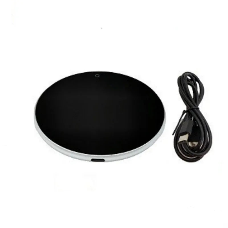 Black USB heating coaster with temperature adjustment buttons for warming coffee and tea mugs