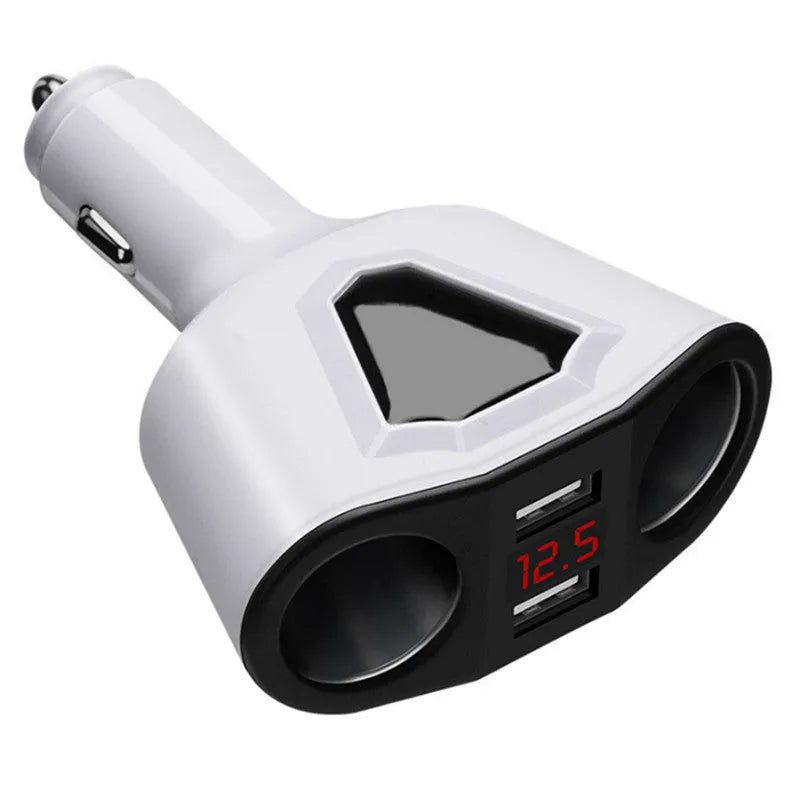 Black dual USB car charger with digital LCD screen showing voltage and current
