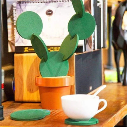 Green cactus-shaped coaster mat set with flowerpot holder for table protection and decoration
