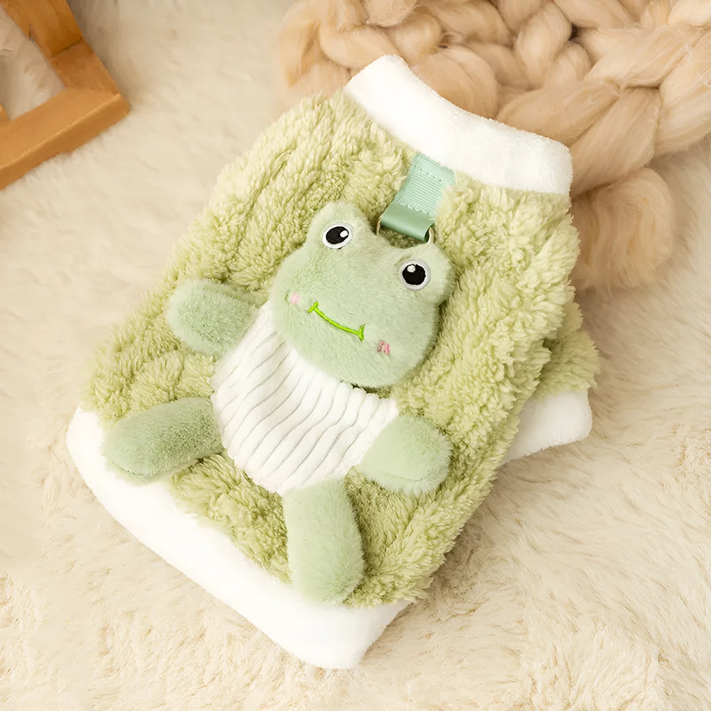 Green fluffy frog pet hoodie for small and medium dogs and cats with white trim and D-ring