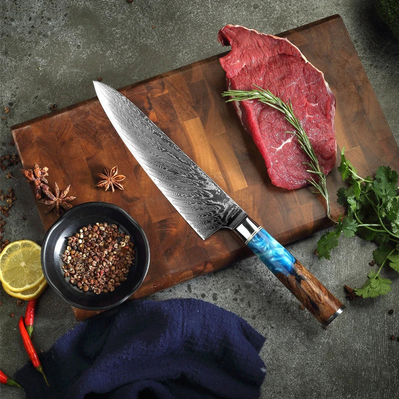 Exquisitely crafted 67-layer Damascus steel chef's knife with elegant brocade pattern and ergonomic resin-wood handle