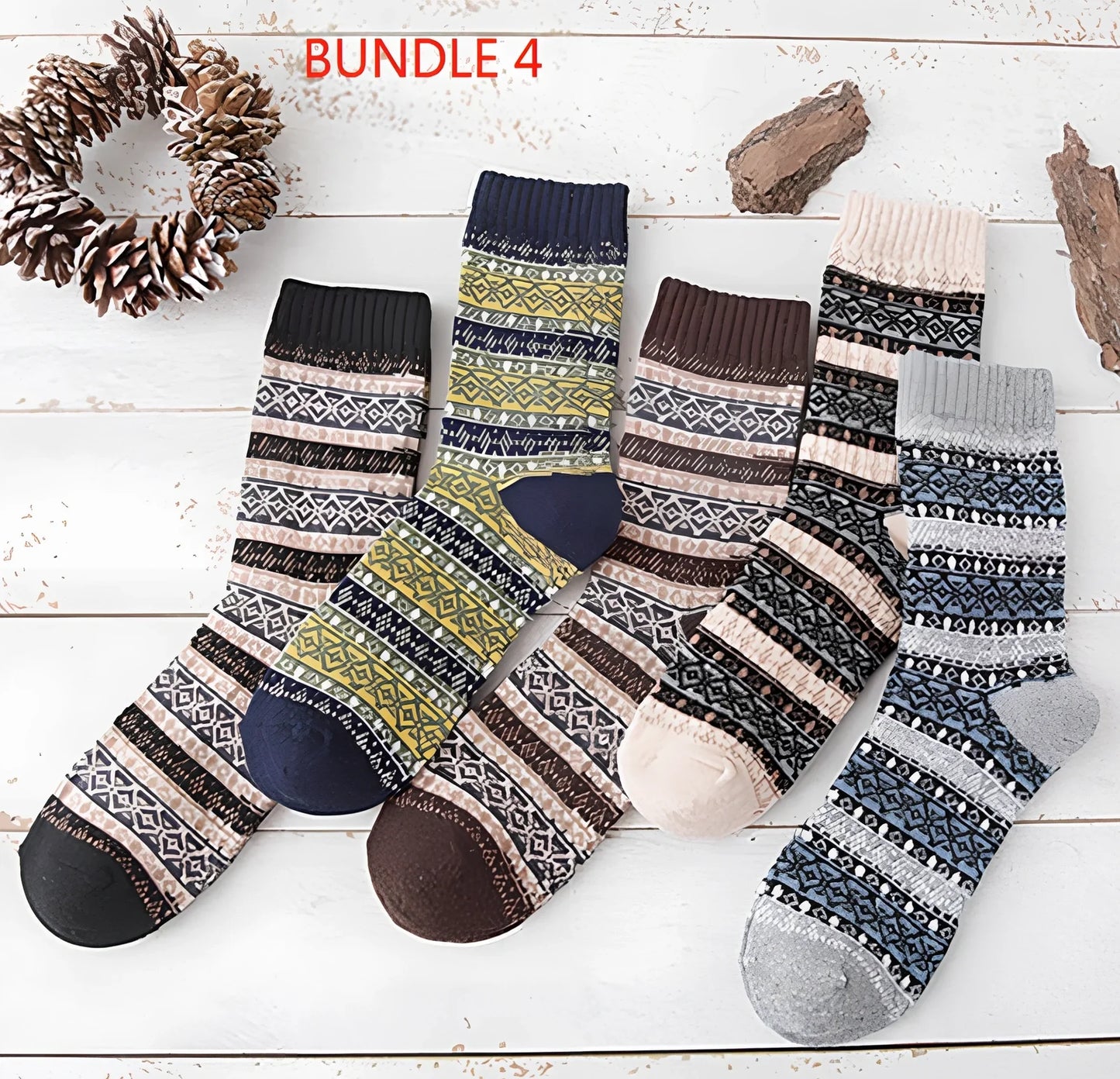 Pack of 5 thick stripe wool blend socks in various colours, featuring 15% rabbit hair for winter warmth, fitting sizes 39-42