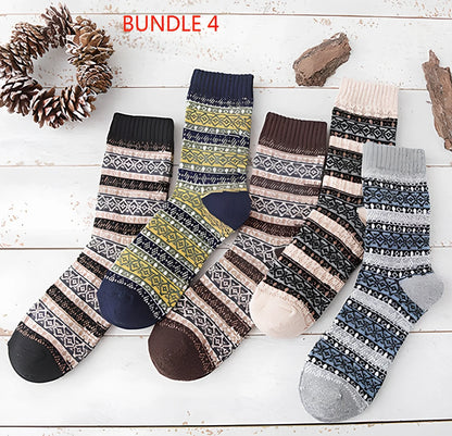 Pack of 5 thick stripe wool blend socks in various colours, featuring 15% rabbit hair for winter warmth, fitting sizes 39-42