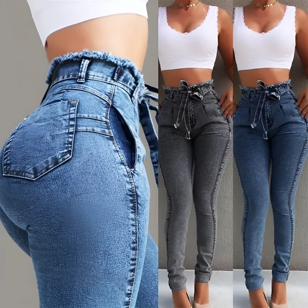Women's fringed jeans in cowboy denim showing raw hem detail, available in grey, dark blue, and light blue.