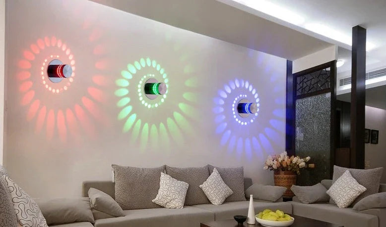 Vibrant LED spiral wall lights with color-changing effects, perfect for modern home decor and indoor lighting