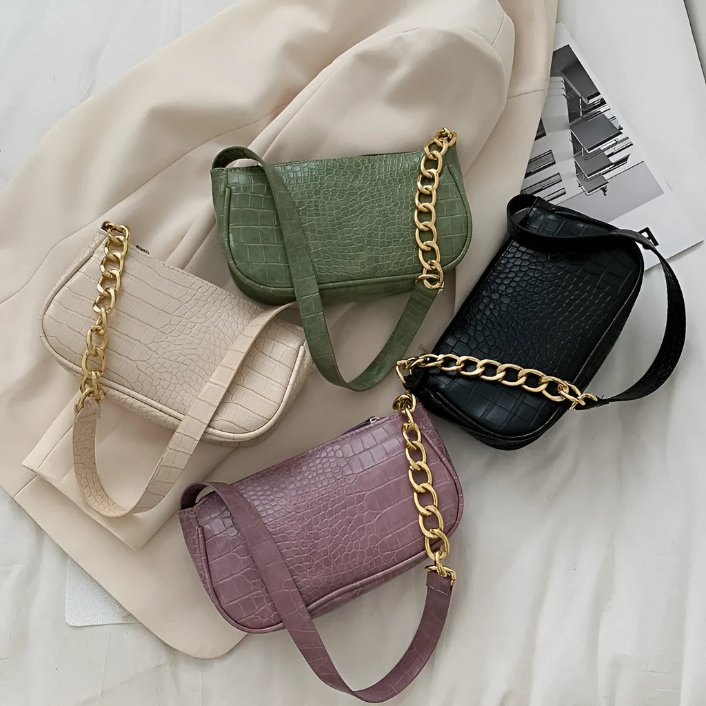 Retro PU underarm baguette shoulder bag in horizontal square shape with car stitch detail