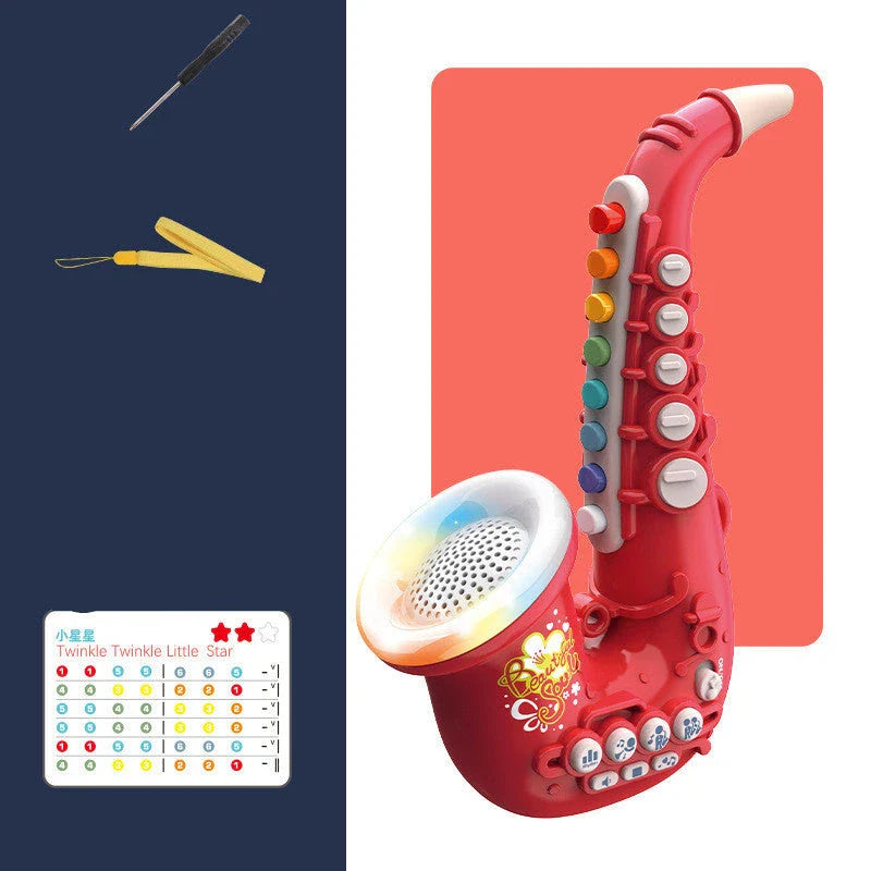 Simulation musical instruments including saxophone, trumpet, and clarinet in various colors with adjustable volume and LED lights