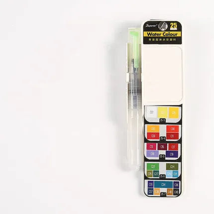 Fan-shaped foldable solid watercolour paint set with brush and sponge in transparent plastic case