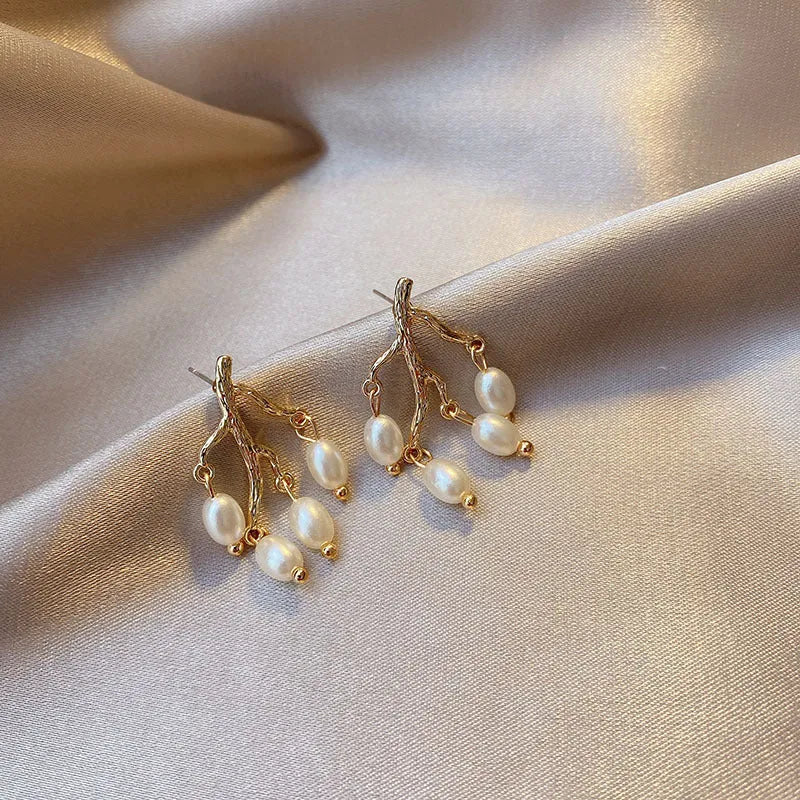 Pearl branch earrings for women, alloy silver gold finish, pearl inlay flower shape, white colour dangle drop earrings