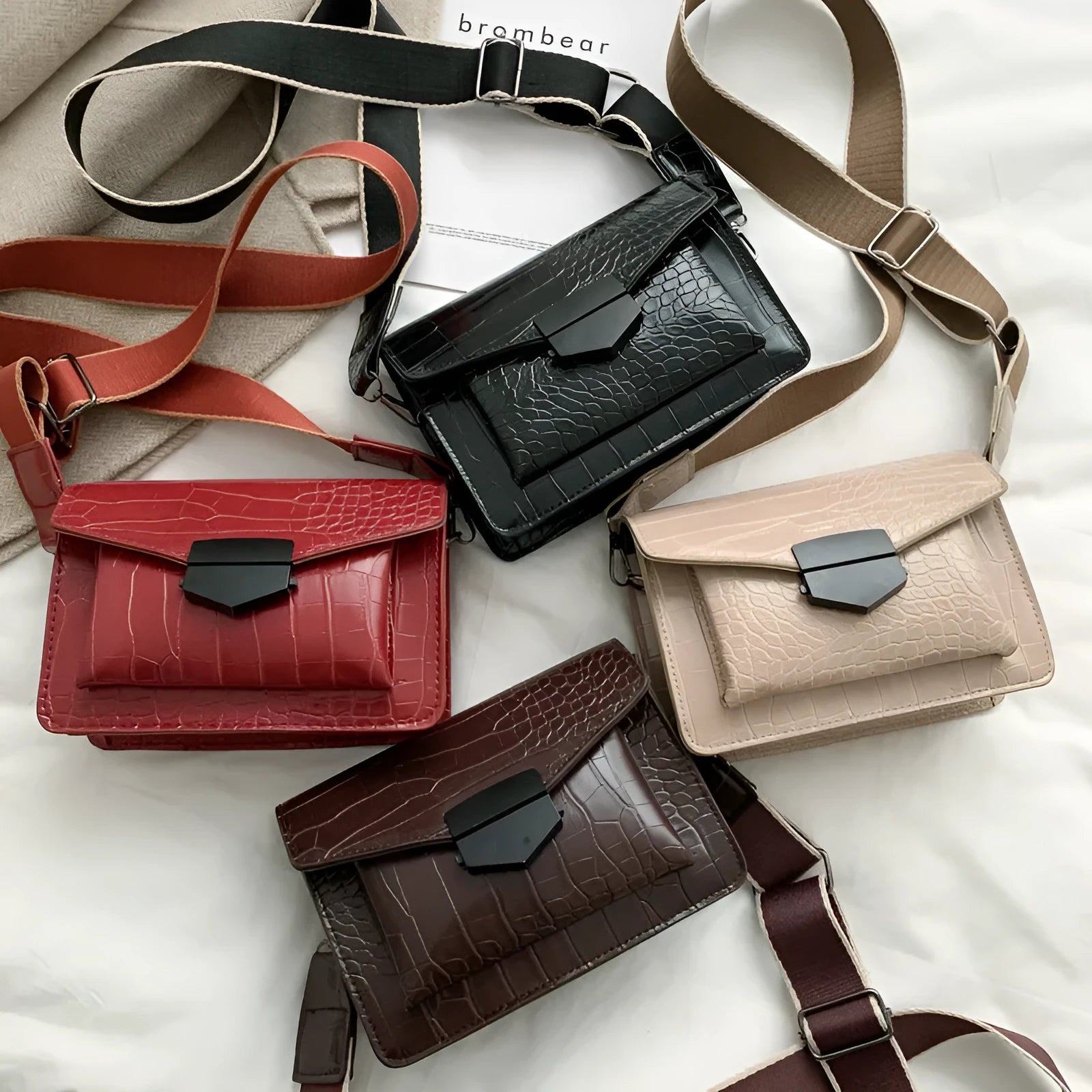 Vintage style PU crossbody bag in black, shown with dimensions for mobile phones and wallets