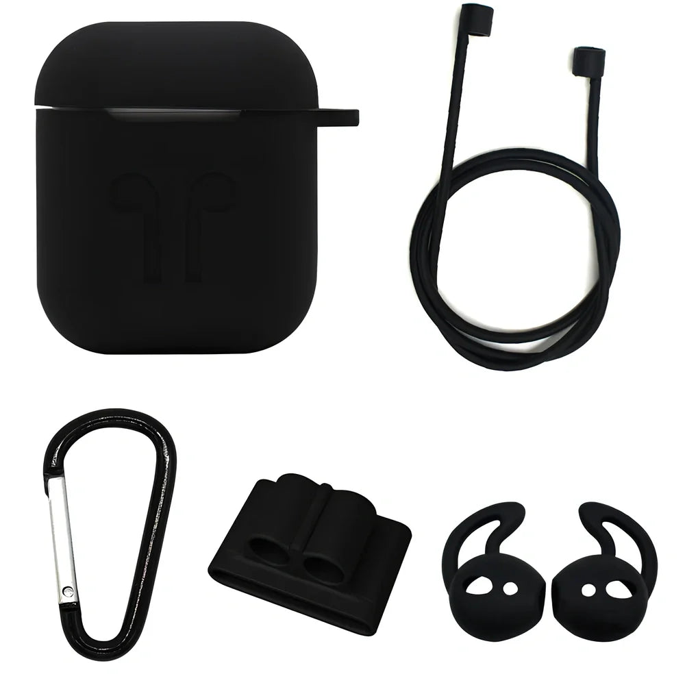 Black silicone protective cover for AirPods with 10cm anti-loss rope, hanging buckle, and earplug sleeves, weighing 36g total