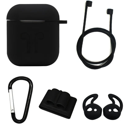 Black silicone protective cover for AirPods with 10cm anti-loss rope, hanging buckle, and earplug sleeves, weighing 36g total