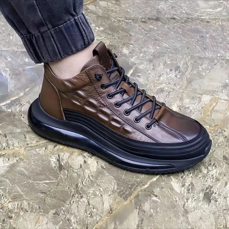 Men's warm air cushion high-top shoes with pattern elastic band, available in black and brown colours