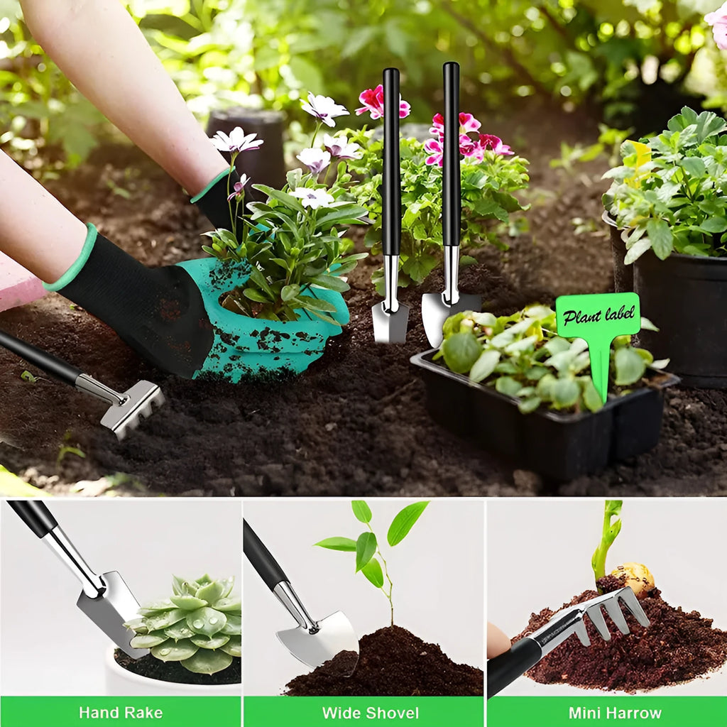 24-piece stainless steel bonsai tools set for potted plant pruning and maintenance, arranged on a flat surface showing various tool shapes.