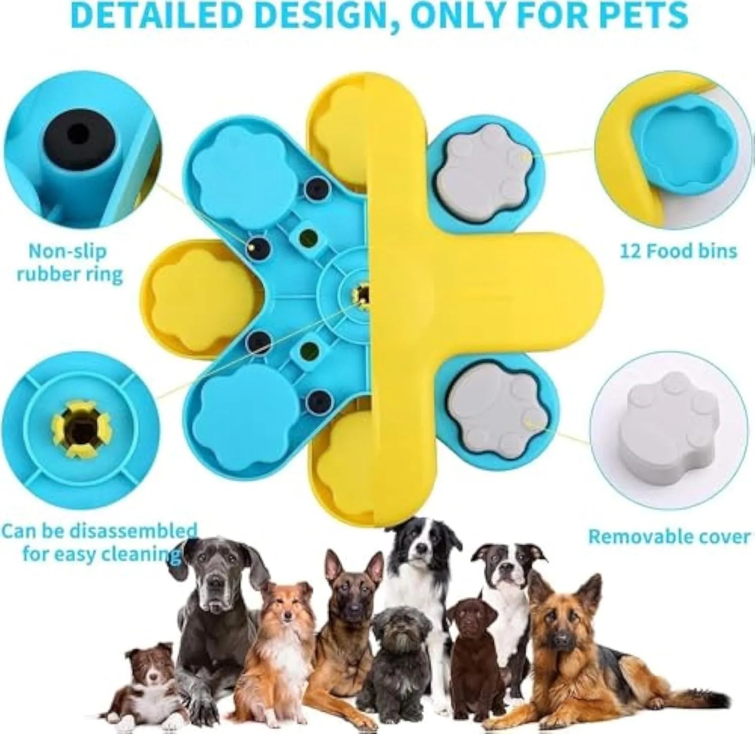Yellow three-layer rotating dog puzzle feeder toy with claw-shaped lids on an anti-slip base.