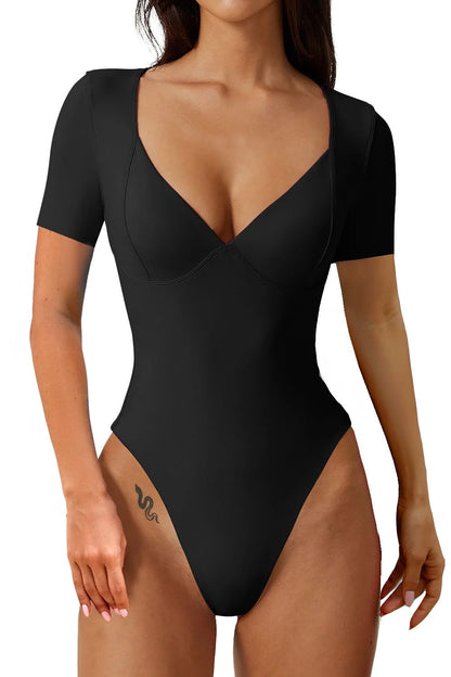 Women's V-Neck Short Sleeve Bodysuit with seamed cup for a flattering fit