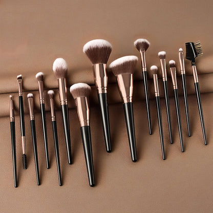 15-piece brown makeup brush set with 19cm lengths and 4cm man-made fibre eye shadow brush