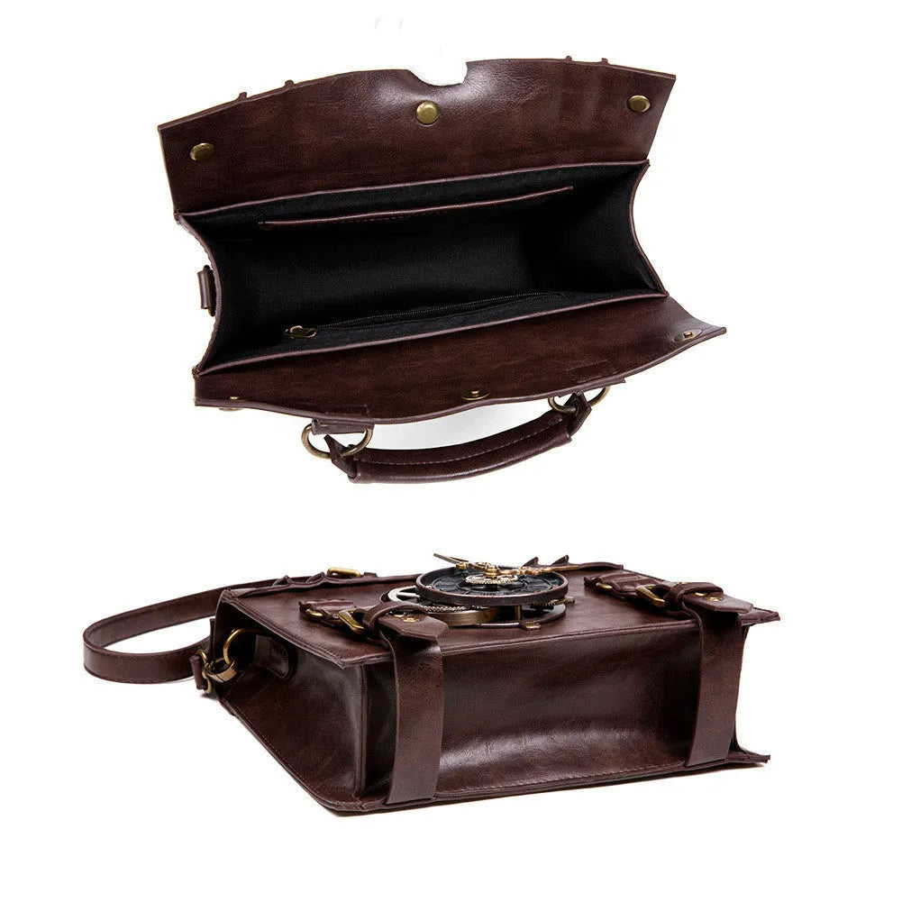 Bronze steampunk style square shoulder bag made of PU leather with metal hardware.