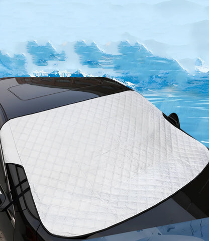 Silver magnetic windshield cover showing aluminium foil coating and edge magnets for vehicle protection